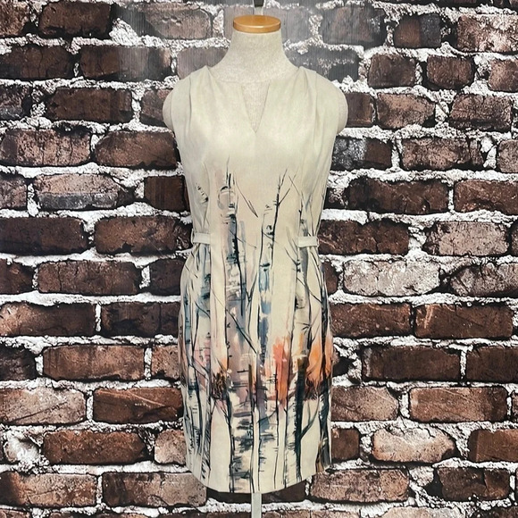 Lavand Dress Sheath Tan Sleeveless Tree Print Watercolor Size Medium - Picture 4 of 16
